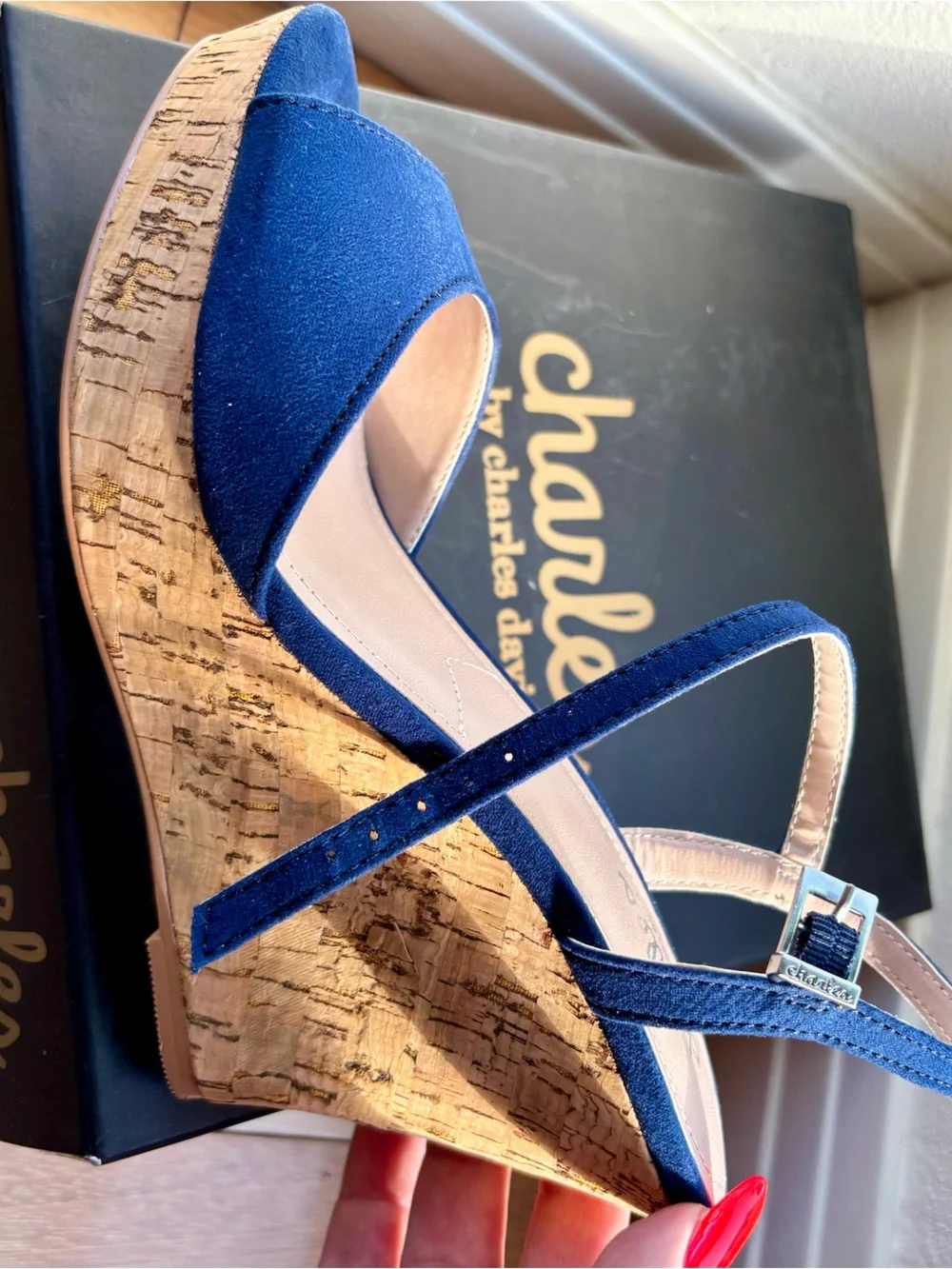 Charles By Charles David Navy Cork Wedge Ankle Strap Sandals